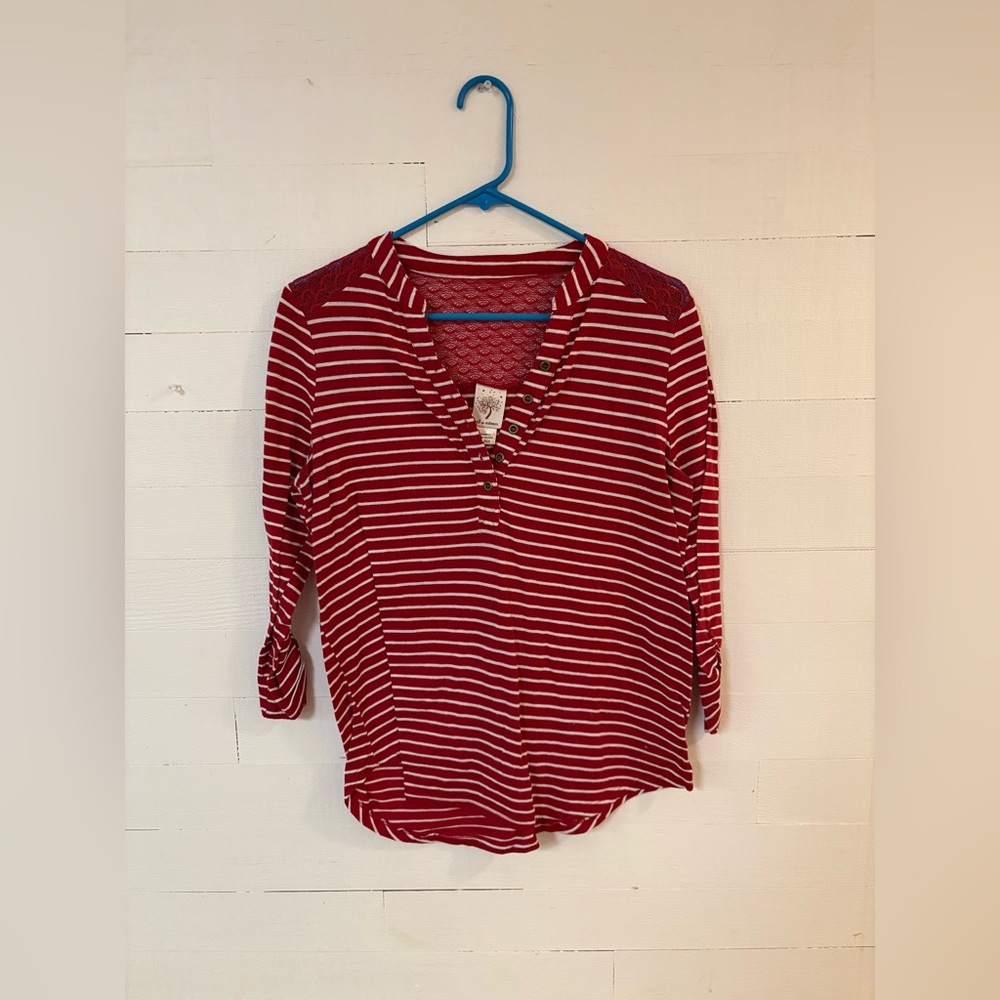 Self Esteem Red Striped Lace Henley Top Size Large